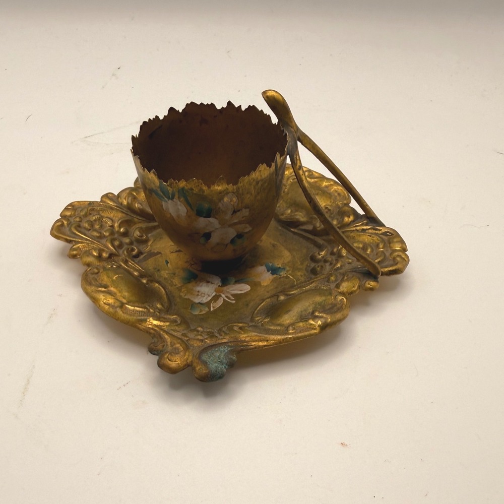 Antique Victorian Gold Ornate Metal Egg Cup Saucer Set Hand Painted Floral Trim